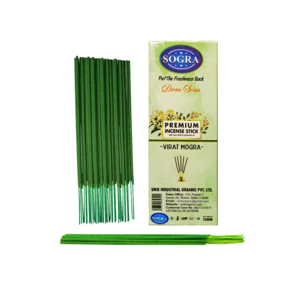 Benefits of Sogra Nature Incense Stick - Virat Mogra: Uplifting Aroma: The vibrant scent of Virat Mogra energizes your space, making it ideal for creating a lively and positive atmosphere during spiritual rituals, meditation, and daily use. Stress Relief & Calmness: The floral fragrance helps to calm the mind and body, promoting relaxation and reducing stress. Long-Lasting Fragrance: Made with 0% Charcoal, these incense sticks provide a long-lasting and consistent scent that envelops your surroundings with a fresh, floral aroma. Odor Neutralization: The natural ingredients effectively neutralize unpleasant odors, leaving your home or office with a refreshing and fragrant ambiance. 100% Herbal: Crafted from natural ingredients, Virat Mogra incense sticks are safe, gentle, and free from synthetic additives. Versatile Use: Perfect for Pooja, Meditation, Therapy, Yoga, and gifting, these incense sticks enhance any occasion with their uplifting fragrance. Eco-Friendly Packaging: The refillable and reusable bottle pack promotes sustainability and helps reduce environmental waste.